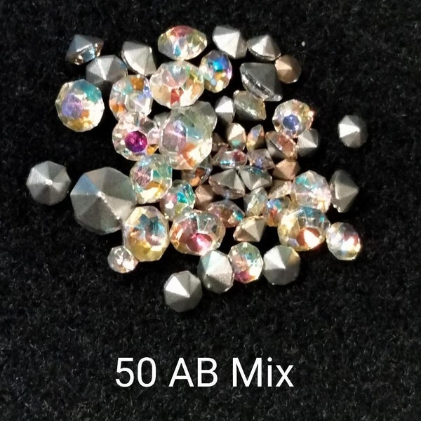 Lot of 50 Vintage Preciosa AB (Aurora Borealis) Rhinestones Mixed Sizes Jewelry Repair Loose