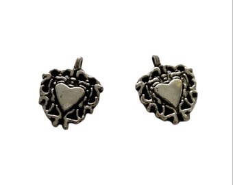 1 pair (2) Silver Tone Small Heart Charm Pendant 11/16" x 9/16" Jewelry Crafts