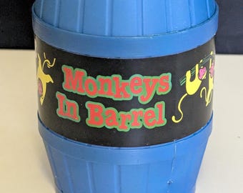 Juego de monos vintage en barril: azul, 10 monos de juguete retro