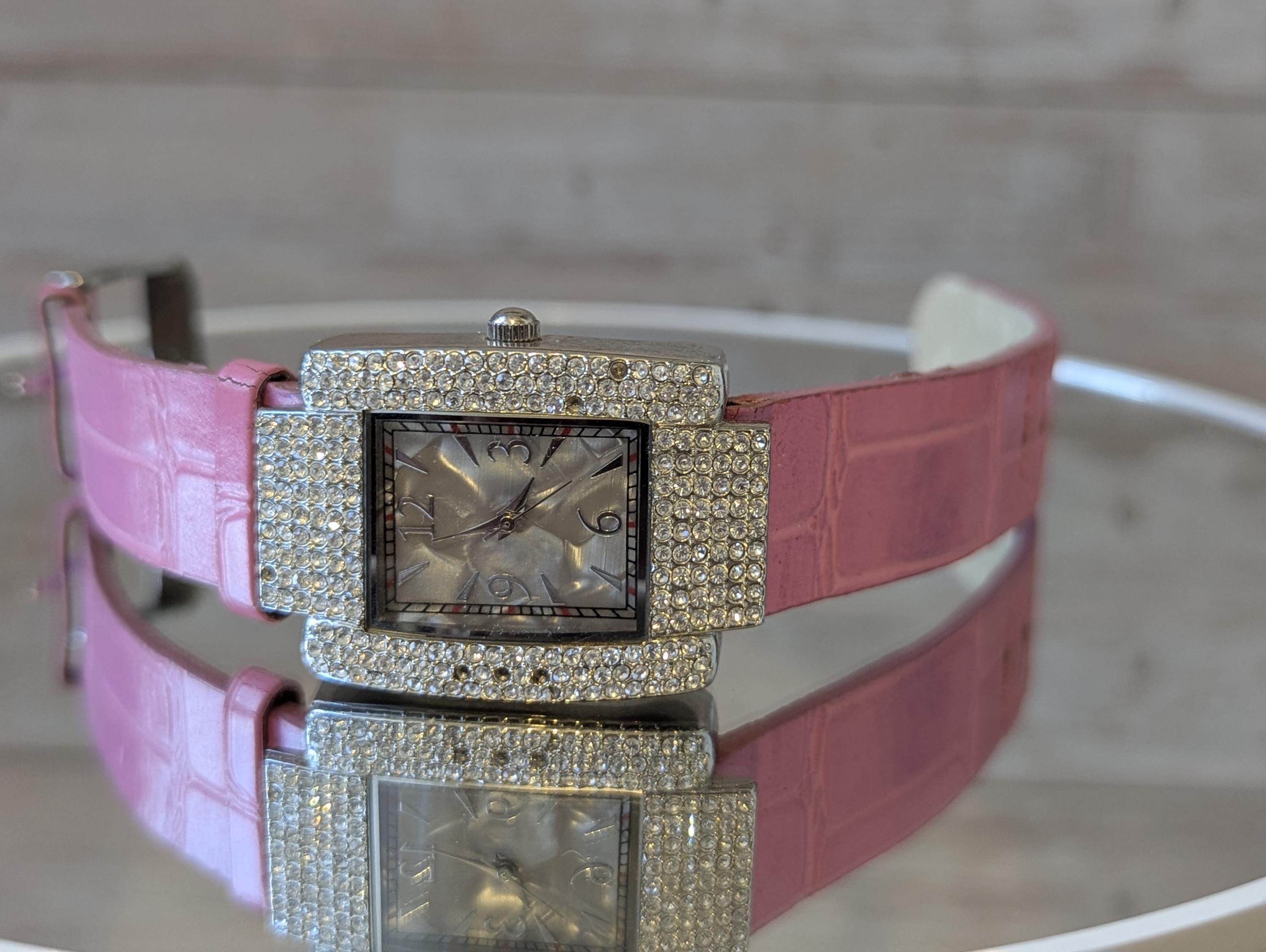 Quartz Vintage Y2K chunky pink rhinestone silver tone watch Y2K Pink Gem Bracelet Watch – Holy Thrift main image 2