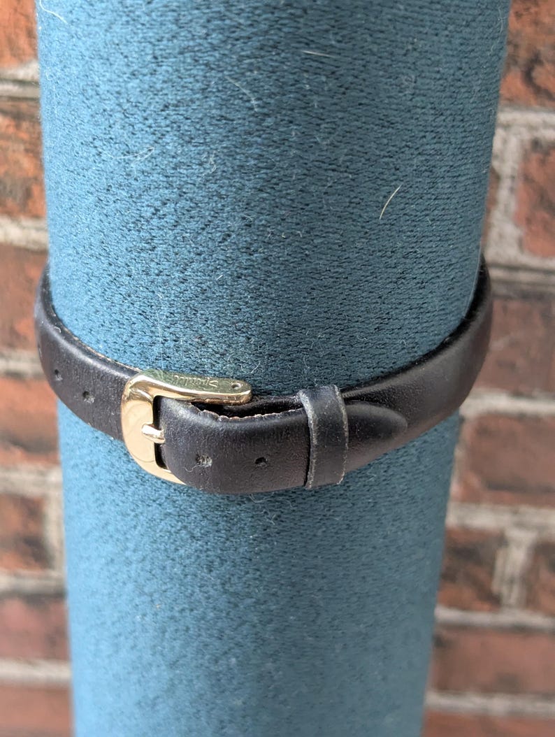 Pu&ograve; includere: Primo piano di un cinturino per orologio in pelle nera con fibbia color oro. Il cinturino &egrave; avvolto attorno a un oggetto cilindrico color verde acqua. Lo sfondo &egrave; un muro di mattoni.