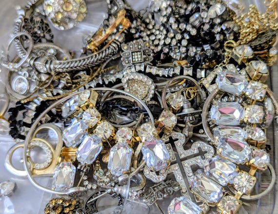 Mixed Rhinestone Jewelry Lot: Vintage, Modern, Crafting Supplies (Untested)