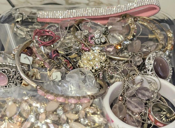 Pink Gold Silver Jewelry Lot: Vintage to Modern Mixed Pieces, Crafting Supplies. Not tested.