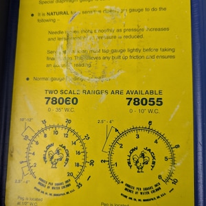 May include: A yellow Ritchie gas pressure test kit with two scale ranges: 78060 (0-35" W.C.) and 78055 (0-10" W.C.). Each gauge features a circular dial with a "Yellow Jacket" logo and measurements in inches of water column.