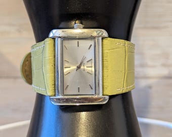 Rectangular Quartz Watch with Light Green Faux-Crocodile Band. New Battery installed. Works.