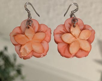 Peach Coral Carved Flower Earrings – Lightweight Statement Dangles