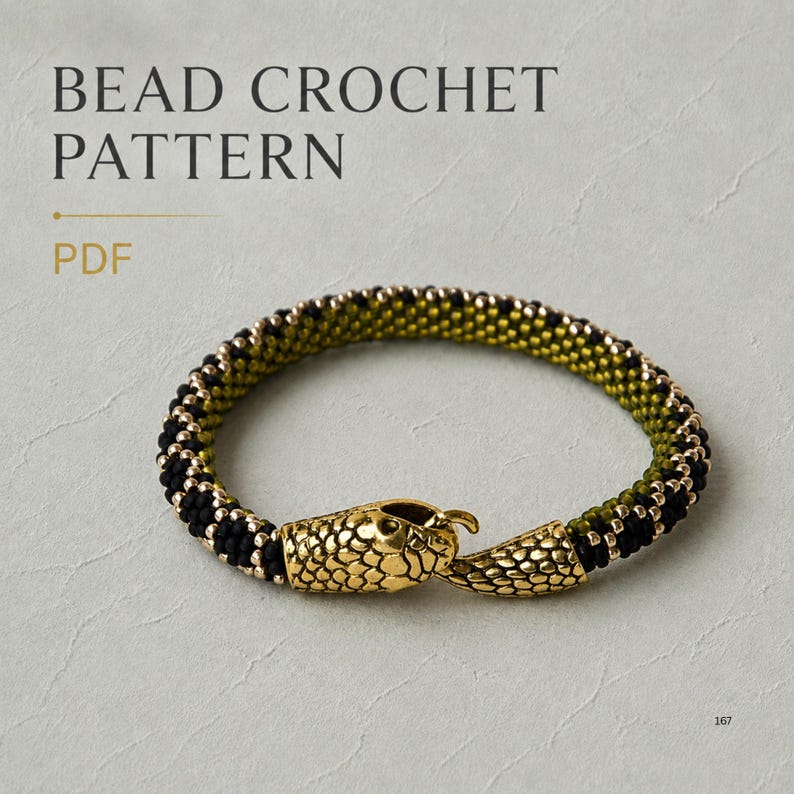 Olive Python Bracelet Pattern PDF, Snake Bead Crochet Pattern, Black Olive Seed Bead Bracelet, Serpent Jewelry Design image 1