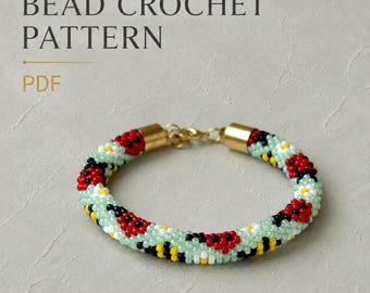 Ladybug Bee Bracelet Pattern PDF, Bead Crochet Pattern, Garden Insect Seed Bead Bracelet, Colorful DIY Jewelry Design