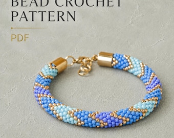 Blue Bead Crochet Bracelet Pattern PDF, Aqua Periwinkle Gold Seed Bead Design, Modern Beaded Jewelry Pattern