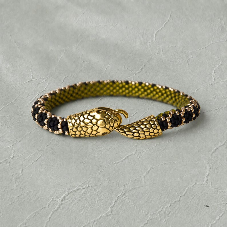 Olive Python Bracelet Pattern PDF, Snake Bead Crochet Pattern, Black Olive Seed Bead Bracelet, Serpent Jewelry Design image 3