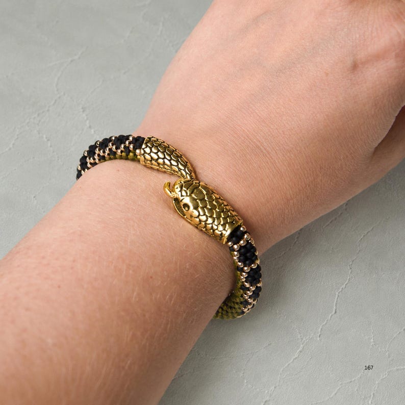 Olive Python Bracelet Pattern PDF, Snake Bead Crochet Pattern, Black Olive Seed Bead Bracelet, Serpent Jewelry Design image 8