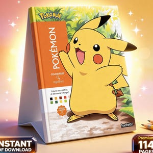 May include: A Pokemon coloring book featuring Pikachu on the cover. The book has an orange spine with the word "Pokemon" in white. The cover also includes the text "Coloriages mystères" and "Instant PDF Download". The book is propped up with a white stand and has 114 pages.