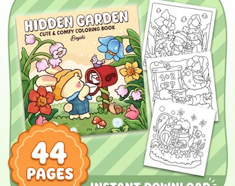 Kleurboek Verborgen tuin, gedurfde eenvoudige lijntekeningen, gezellige scènes (digitale download)