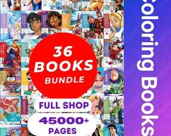 Set van 36 digitale mysteriekleurplaten Disney-boeken – hele winkelpakket – 4500+ pagina’s – kleuren op nummer – pdf-download