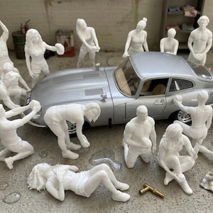 Paquete de figuras STL para lavado de autos: miniaturas imprimibles en 3D para dioramas y maquetas de autos. Figuras a escala lavando un auto. Archivos para impresión en resina.