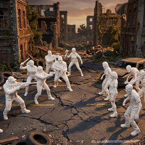 Könnte beinhalten: Ein Diorama, das eine postapokalyptische Szene mit Miniaturfiguren von Überlebenden und Zombies zeigt. Die Figuren sind in einer neutralen Farbe bemalt und posieren in einer Kampfszene auf einer zerbrochenen Asphaltstraße. Der Hintergrund zeigt zerstörte Gebäude.