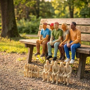 Può includere: Una panchina di legno in un parco con sei figure in miniatura sedute sopra. Le figure sono vestite con vari colori, tra cui blu, verde e arancione. Ulteriori figure sono sedute a terra di fronte alla panchina. La scena è ambientata in un parco.