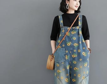 Spring Plus Size Printed Denim Overalls for Women | Slimming Fit Jeans Jumpsuit | Casual 5/7/9 Point Denim Pants | Trendy Streetwear Outfit