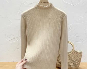 Gebreide coltrui dames | Smalle herfst-/wintertrui | Zachte warme trui met lange mouwen, mode 2025