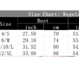 May include: A black and white size chart for a dress, featuring a line drawing of a short-sleeved dress with labels for bust and length. The table lists sizes 4/S, 6/M, 8/10/L, and 12/XL with corresponding bust and length measurements in inches and cm.
