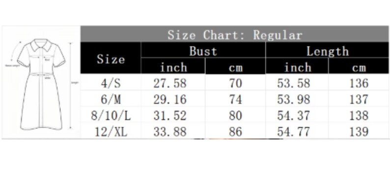 May include: A black and white size chart for a dress, featuring a line drawing of a short-sleeved dress with labels for bust and length. The table lists sizes 4/S, 6/M, 8/10/L, and 12/XL with corresponding bust and length measurements in inches and cm.