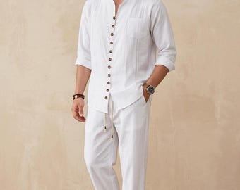 Heren katoenen linnen tweedelige set retro opstaande kraag outfit shirt met lange mouwen zakbroek lente herfst casual set