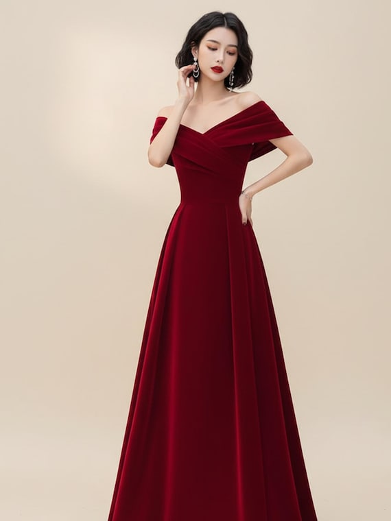 Buy Elegant Velvet off Shoulder Maxi Dress | Wine Red Long Evening Gown |  Luxury Soft Velvet Party & Wedding Dress for Women Online in India - Etsy