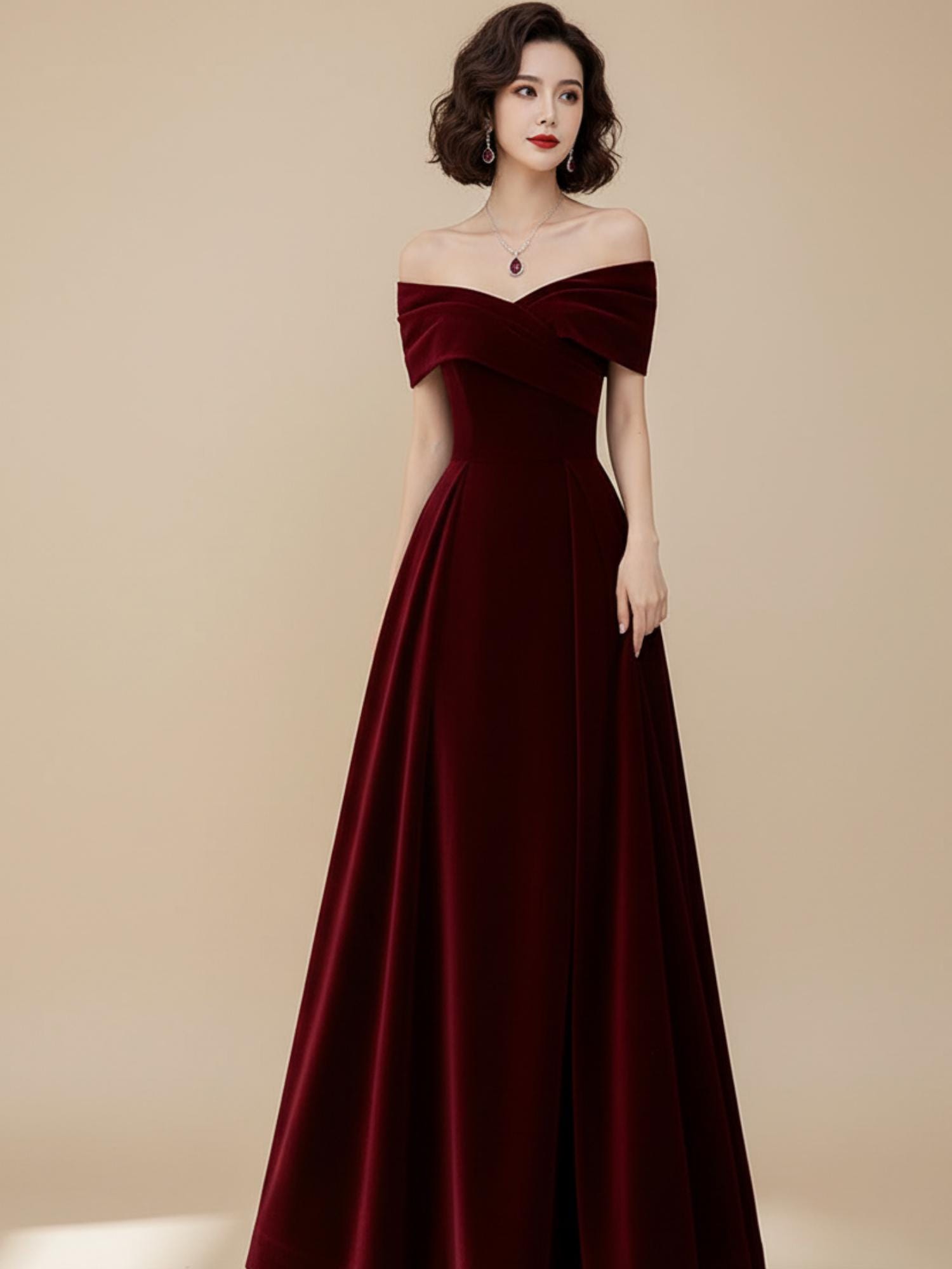 strapless open back dress Happy Clothing Off-Shoulder Velvet Floral Maxi Dress in Red