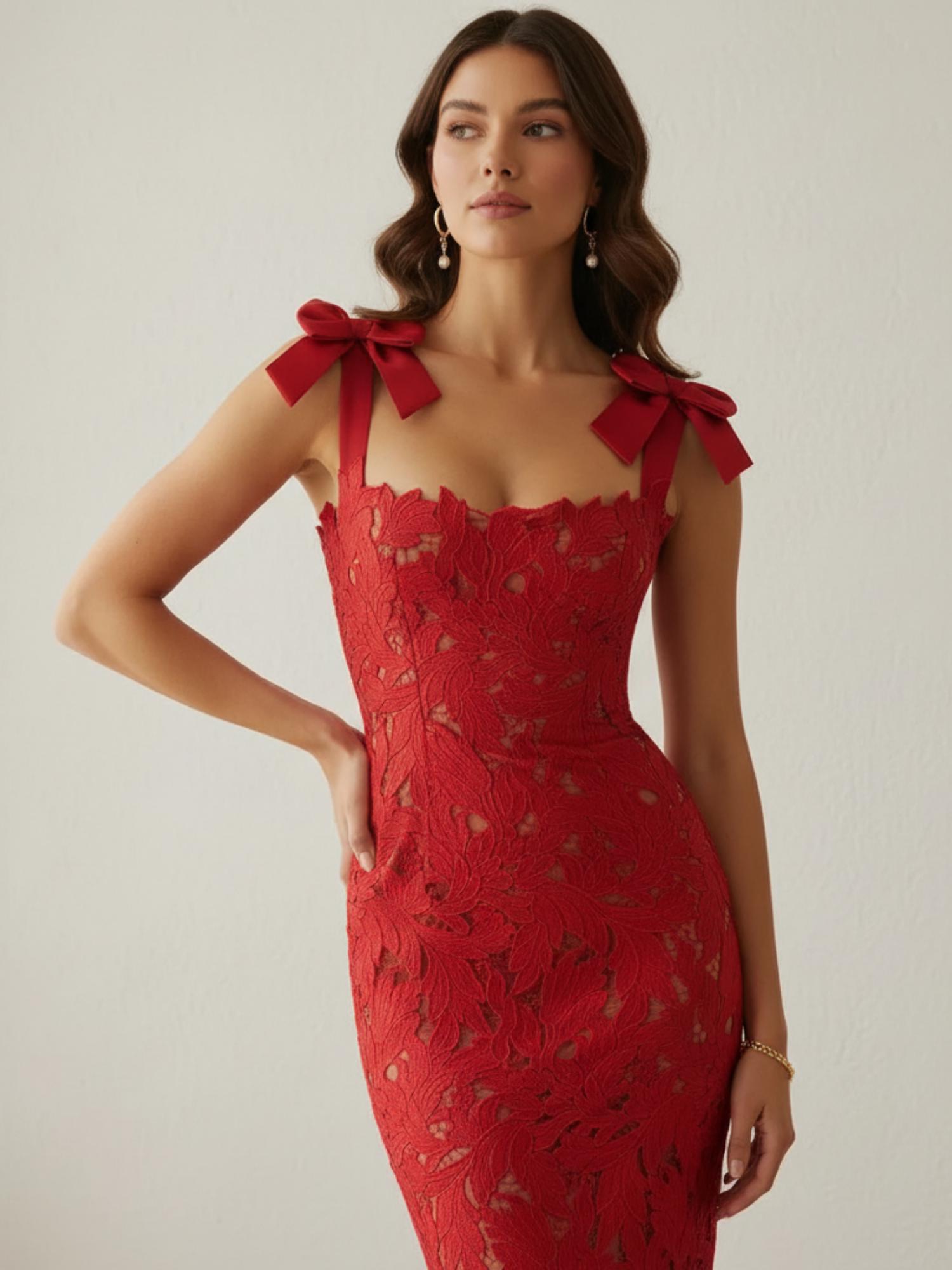 Women's Red Floral Bow Maxi Dress -- Christmas Dress Spaghetti-Strap Evening Gown