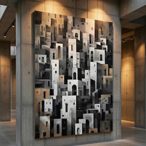 May include: Abstract architectural art print featuring a monochromatic cityscape with white, gray, and black buildings. The artwork depicts a complex arrangement of structures with arches and rectangular shapes, creating a modern aesthetic.