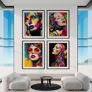 May include: Four framed art prints featuring colorful portraits of women. Each portrait showcases vibrant hues and bold makeup, with subjects wearing sunglasses, headscarves, and expressive poses. The artwork is displayed on a white wall with a modern interior design.