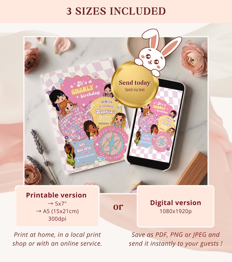 Op de afbeelding: Een verjaardagsuitnodiging met een discobalthema. De uitnodiging bevat cartoonillustraties van meisjes, een roze en paars kleurenschema en de tekst "It's a Gnarly Birthday". Beschikbaar in formaten van 15x21cm en 5x7 inch.