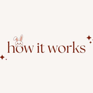 Op de afbeelding: Een minimalistisch ontwerp met de zin 'how it works' in een dieprode schreefletter, met een cartoonkonijn dat uit de letter 'o' gluurt. Twee donkerrode sterren accentueren de tekst op een cr&egrave;mekleurige achtergrond.