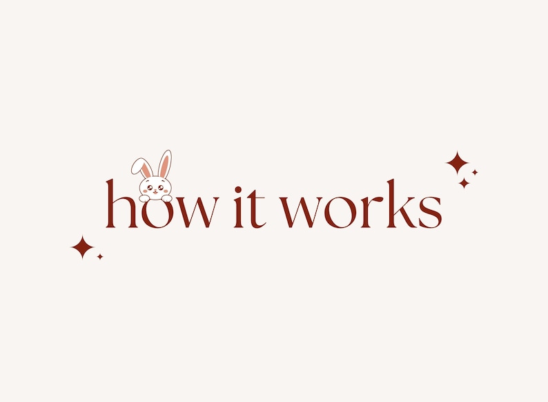 Op de afbeelding: Een minimalistisch ontwerp met de zin 'how it works' in een dieprode schreefletter, met een cartoonkonijn dat uit de letter 'o' gluurt. Twee donkerrode sterren accentueren de tekst op een cr&egrave;mekleurige achtergrond.