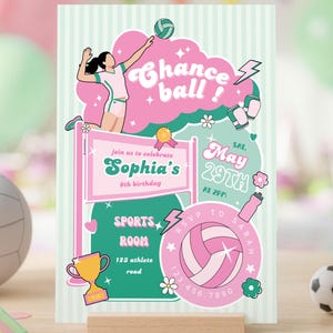 Sjabloon voor een volleybal verjaardagskaart, retro volleybalfeestuitnodiging, bewerkbare Canva uitnodiging voor een sportief tienermeisjesverjaardag, printbare digitale uitnodiging