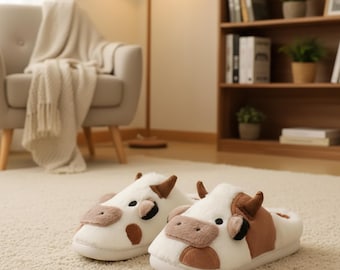 Plush Cow Slippers, Funny Fuzzy Indoor Shoes, Christmas Gift, Gift for her