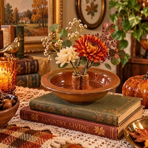 May include: A round, glazed ceramic bowl with a central three-tube flower frog, holding a bouquet of white and rust-colored chrysanthemums, eucalyptus, and small white filler flowers, resting on two stacked hardcover books.