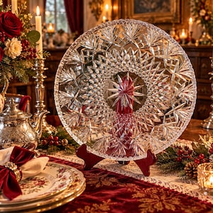 May include: A clear, circular glass plate featuring an intricate, multi-layered starburst and diamond-cut pattern across its entire surface. The plate is displayed upright on a dark red stand, showcasing its reflective, faceted texture.