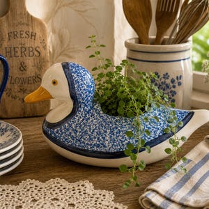 Vintage Ceramic Blue Duck Planter - Etsy