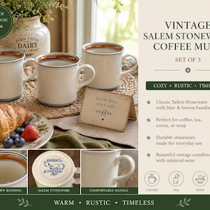 May include: Set of three vintage Salem stoneware coffee mugs. Each mug is off-white with blue and brown banding. The mugs are displayed with a croissant, berries, and a sign that says "Good days start with coffee."