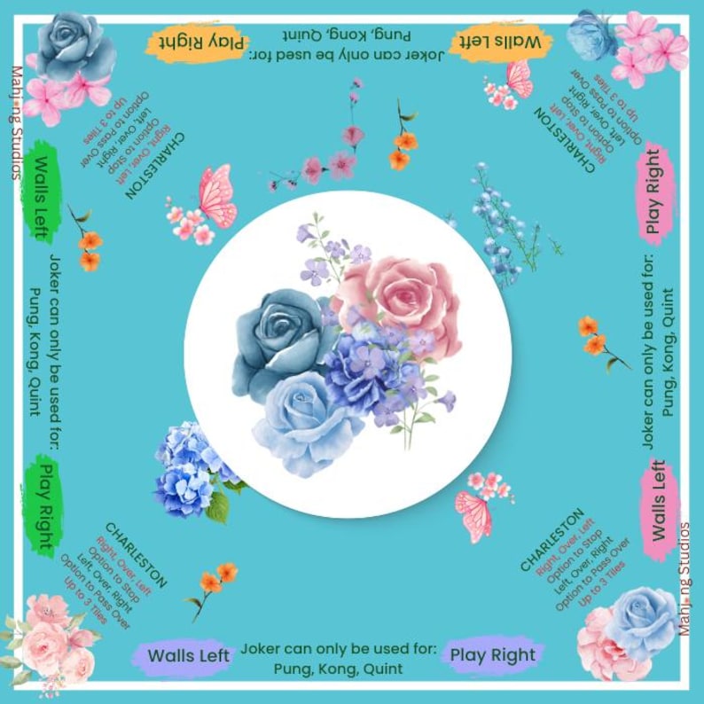 May include: A square Mahjong game board with a floral design. The center features a bouquet of blue, pink, and purple roses. The board has text indicating game play options and is surrounded by floral accents.