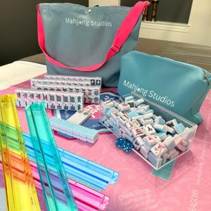 American Mahjong Tile Set: 2-Color Blue 166-Tile Collection with Pink Mat & Bags (Rack Optional) Bright Multi Racks
