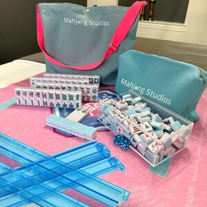 American Mahjong Tile Set: 2-Color Blue 166-Tile Collection with Pink Mat & Bags (Rack Optional) Bright Blue Racks