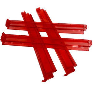 May include: Four transparent red plastic track pieces arranged in a hashtag shape. The pieces are rectangular with a channel down the centre. The ends have small tabs. The background is white.