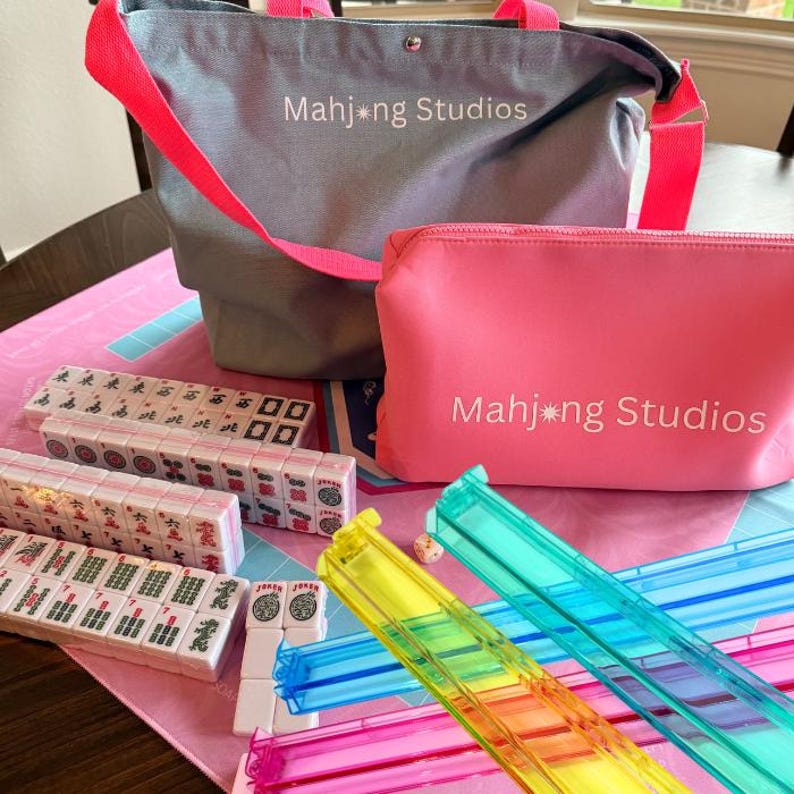 American Mahjong Tile Set: 2-Color Pink 166-Tile Collection with Mat & Bags (Rack Optional) Bright Multi Racks