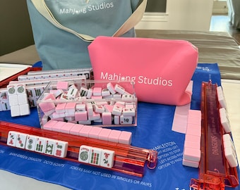 American Mahjong Tile Set: 2 Layer Blush Pink, Blue Mat & Bag Bundle