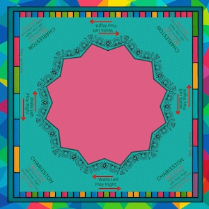 May include: A square, teal-colored game board with a pink, octagonal center. The board features the word "Charleston" in white, along with directional arrows and text. The border is a colorful mosaic pattern.