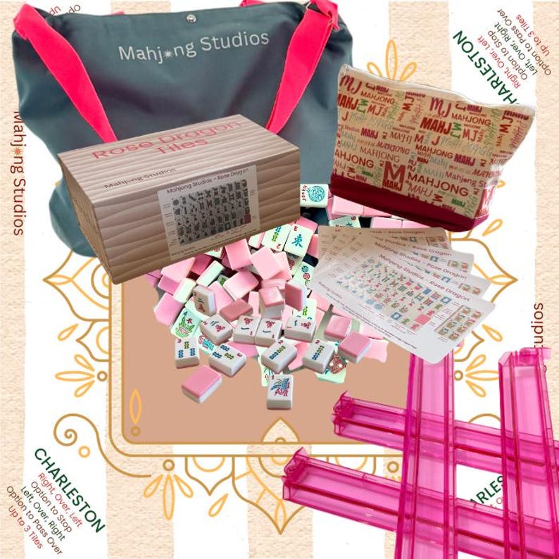 May include: A Mahjong set with pink and white tiles, a wooden box labeled "Rose Dragon Tiles," and a gray tote bag with pink straps. The set includes a zippered pouch and pink tile racks. The text "Mahjong Studios" is visible.