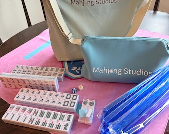 American Mahjong Tile Set: 2-Color Blue 166-Tile Collection with Pink Mat & Green Bag