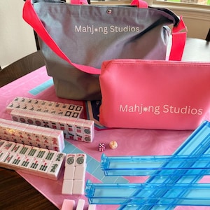 American Mahjong Tile Set: 2-Color Pink 166-Tile Collection with Mat & Bags (Rack Optional) Bright Blue Racks